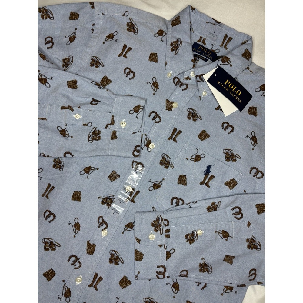 NWT Polo Ralph Lauren Chambray EQUESTRIAN INSPIRED ALL OVER PRINT Oxford Large